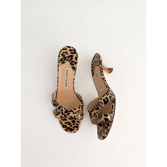 Manolo Blahnik Leopard Print Sandal patent Leather Kitten Heels 38.5 Italy - Picture 3 of 12
